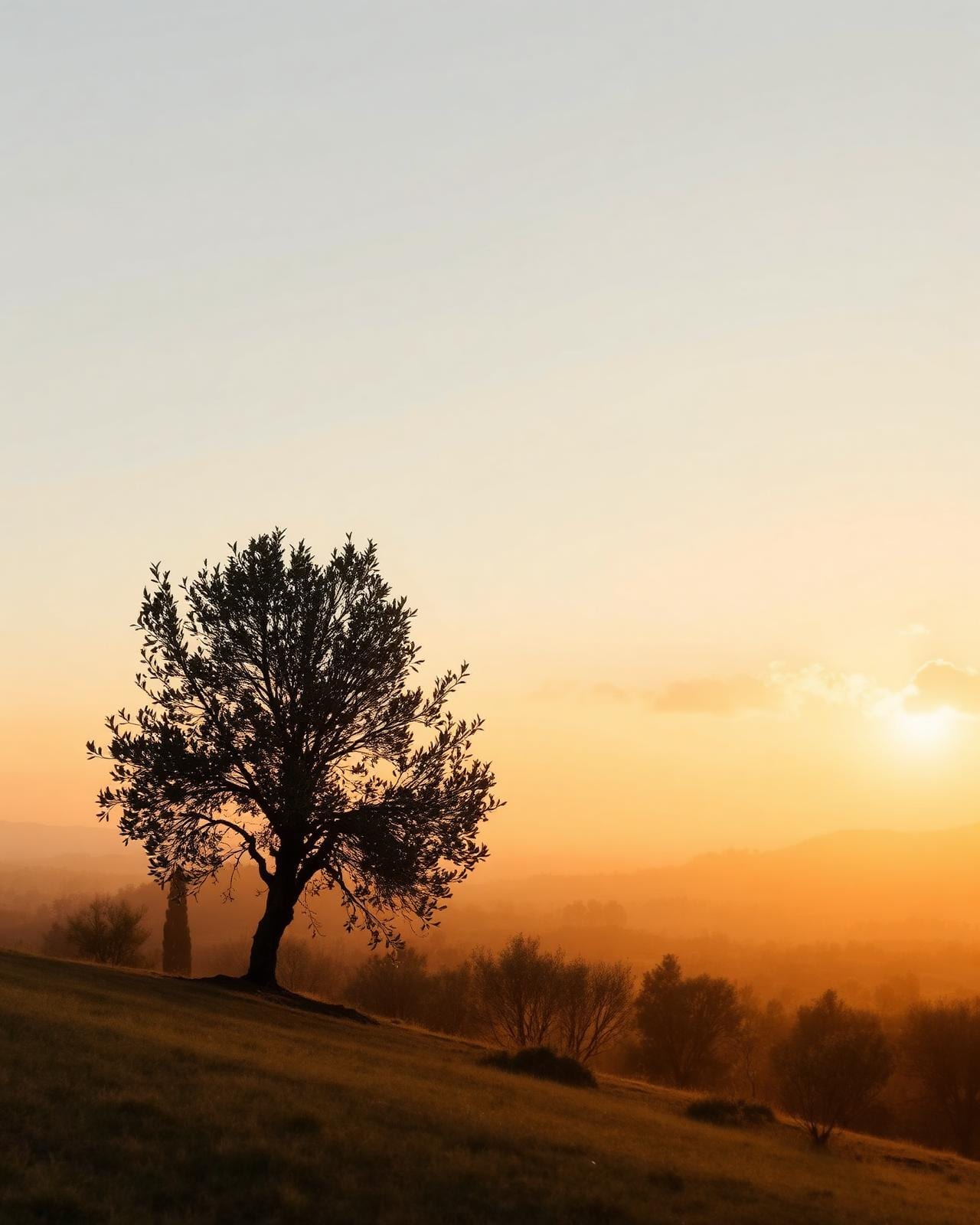 A single olive tree at sunrise